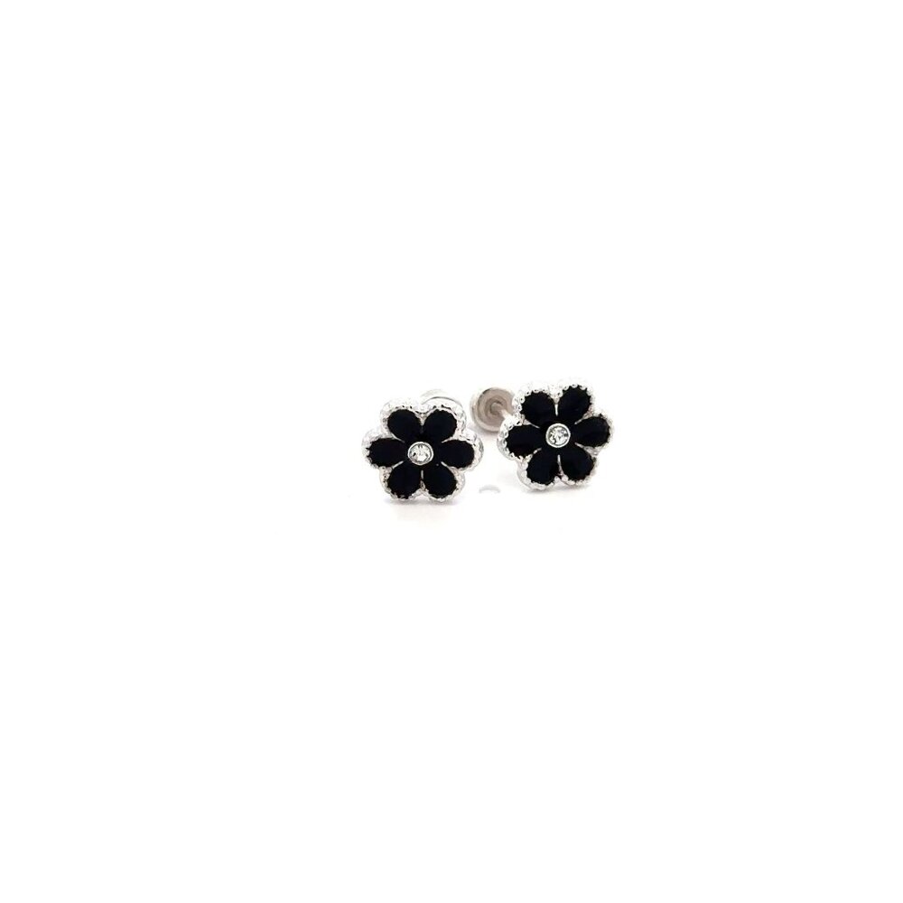 925 Sterling Silver Stud Flower Black Enamel Earrings Small Screw Back
